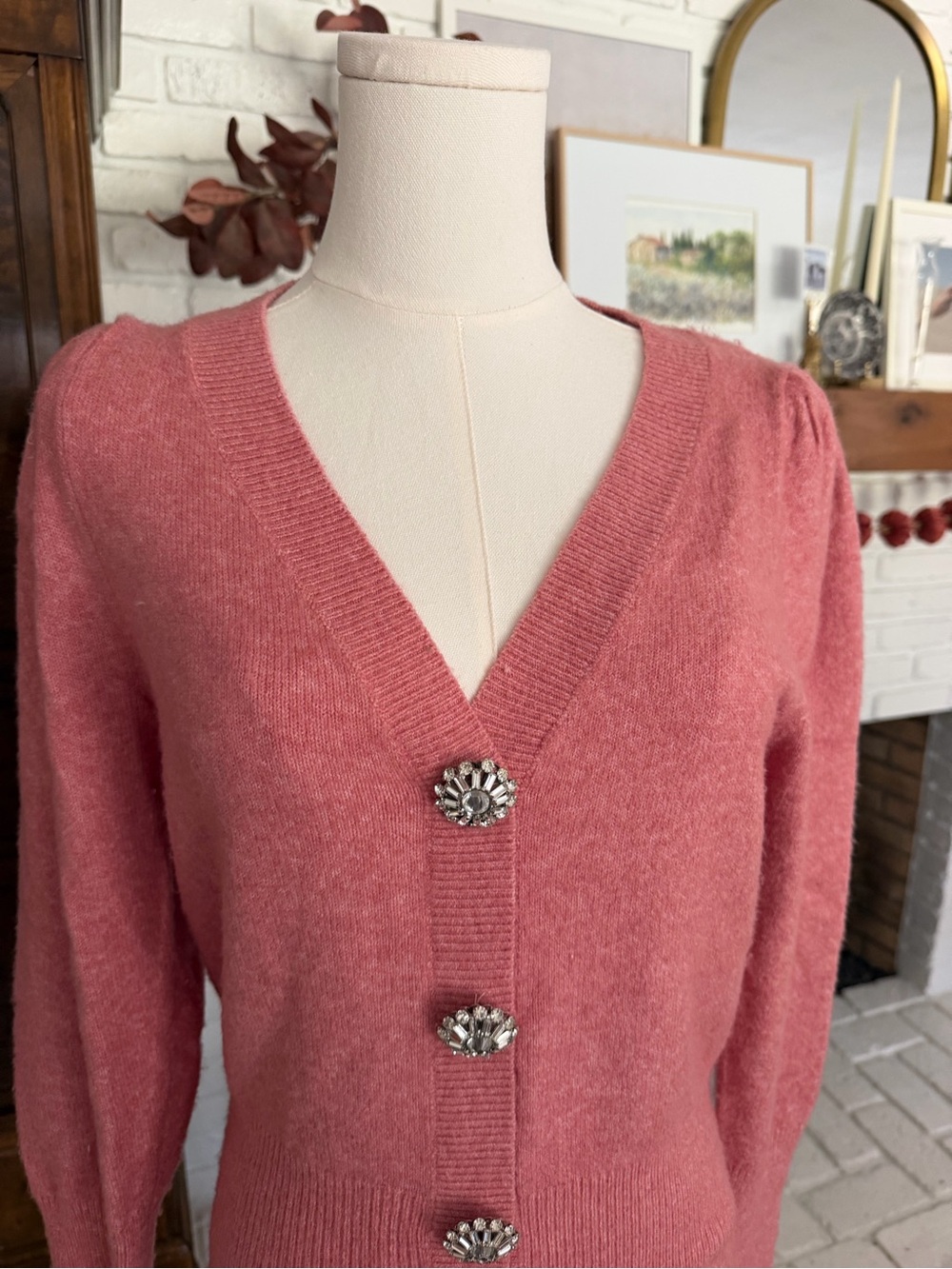 Express Pink V-Neck Button-Front Sweater - Picture 2 of 5